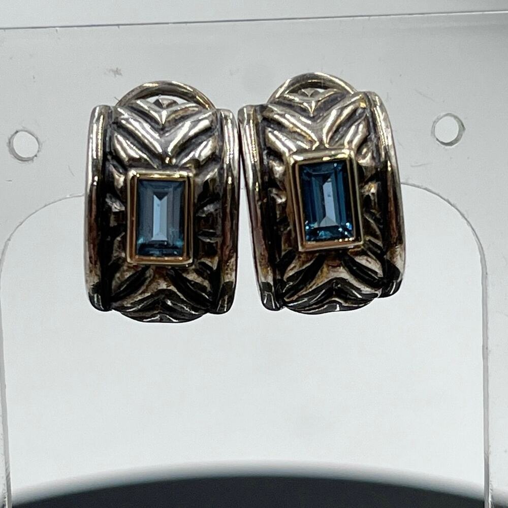 Signed 925 Sterling Silver 14k Yellow Gold Blue Topaz Omega Bali Earrings‎